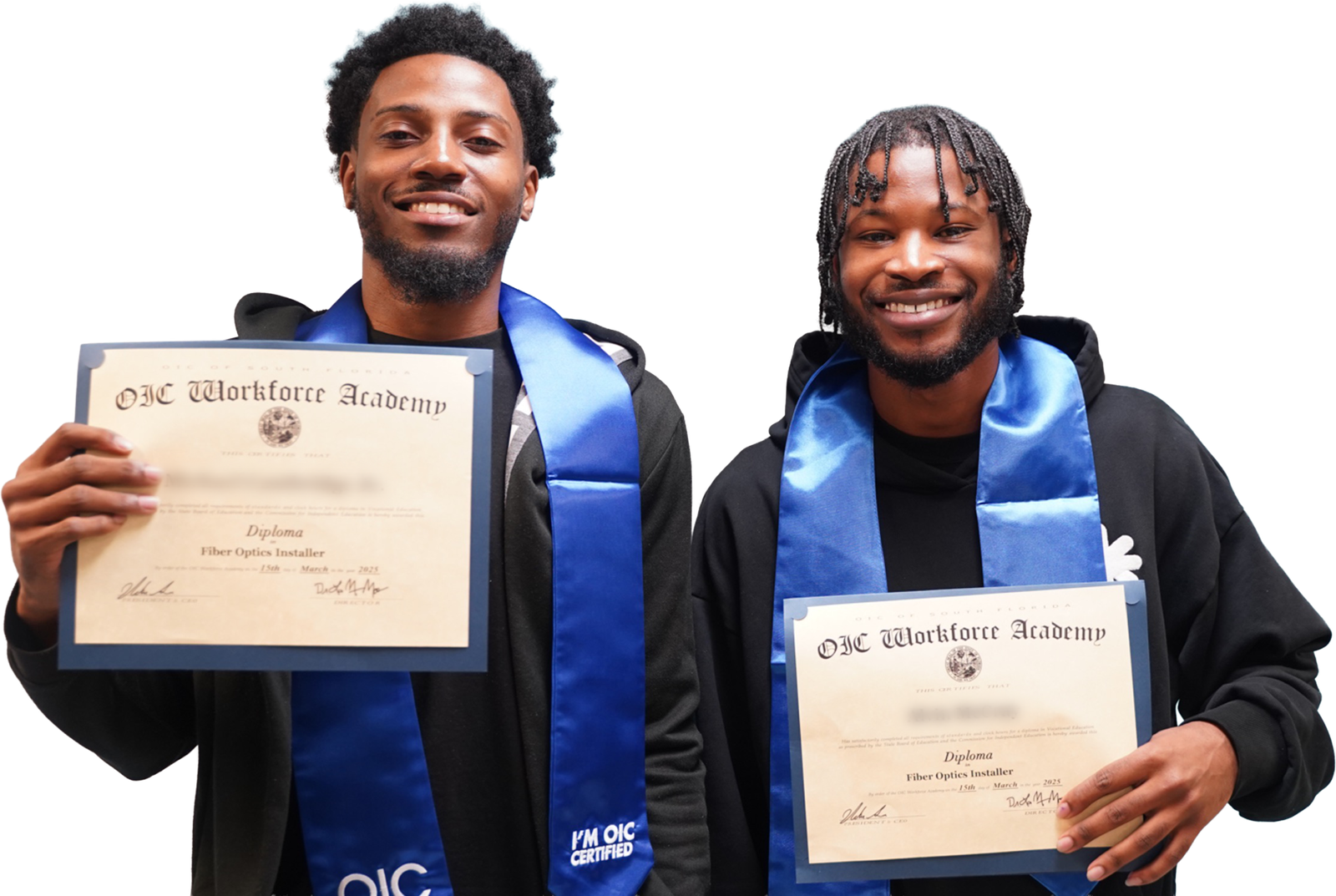 OIF of South Florida Workforce Academy Graduates Two young men show off their graduation diplomas from OIC's Workforce Academy